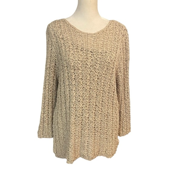 Dana Buchman Open Knit Crochet Sweater Size L Oatmeal Built in Camisole Boho - Picture 2 of 14